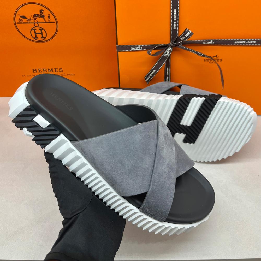HERMES Men’s Infra Sandals Suede Calfskin Gray H Black Slippers