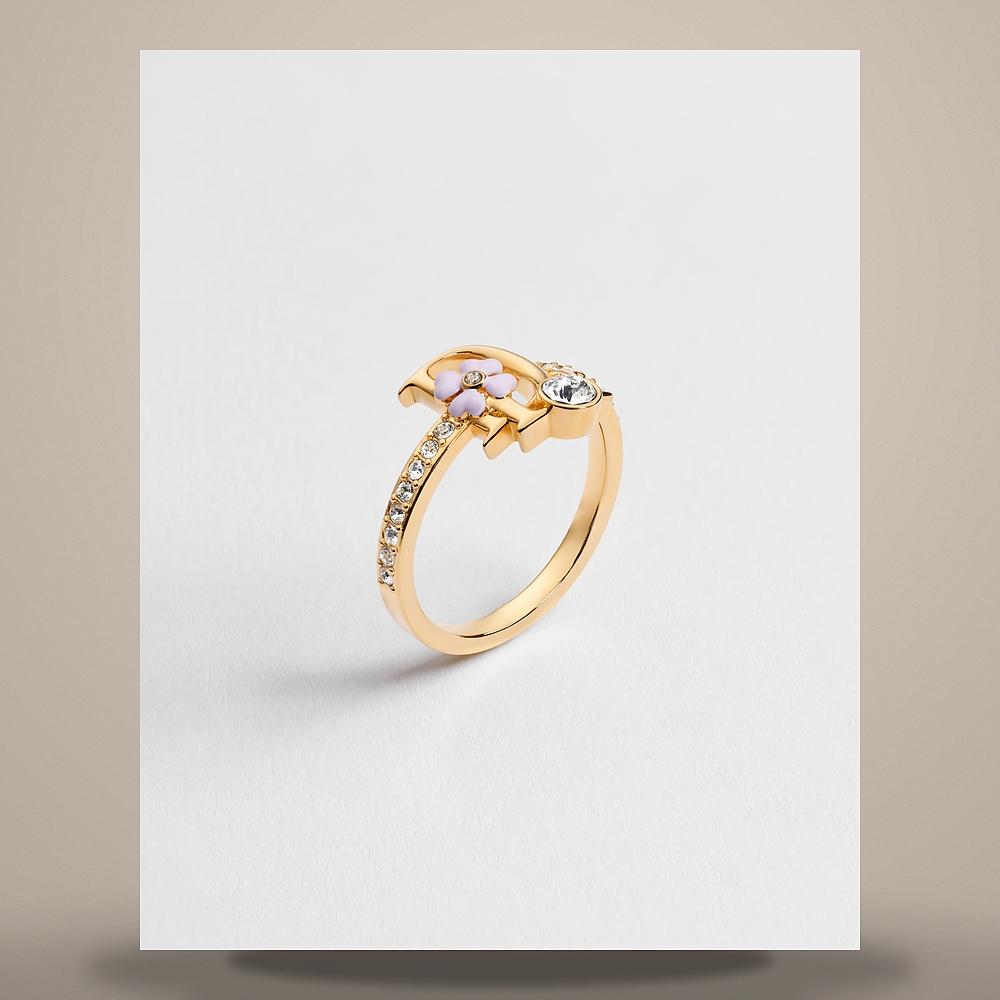 DIOR Precious Clover Ring Gold-Tone Metal Crystal Pink Lacquer R3480WOMLQD216