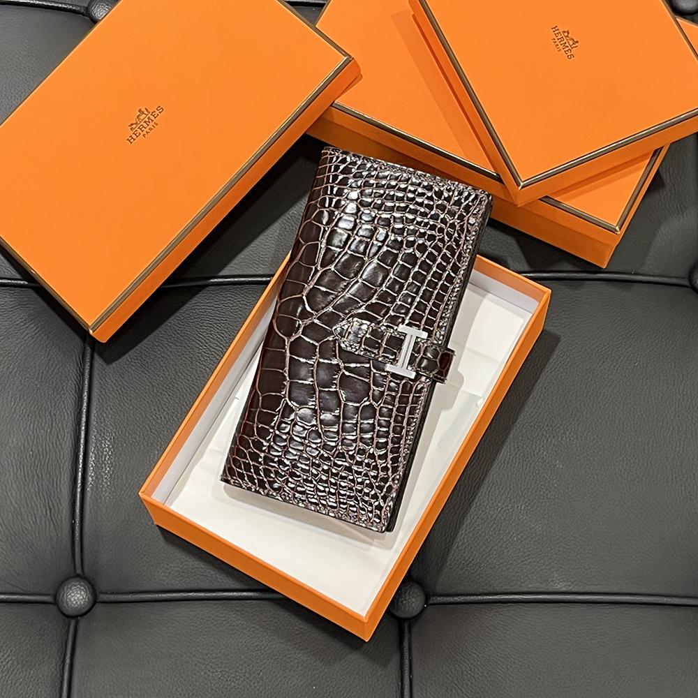 HERMES Deep Brown Shiny Alligator Long Wallet Silver Hardware