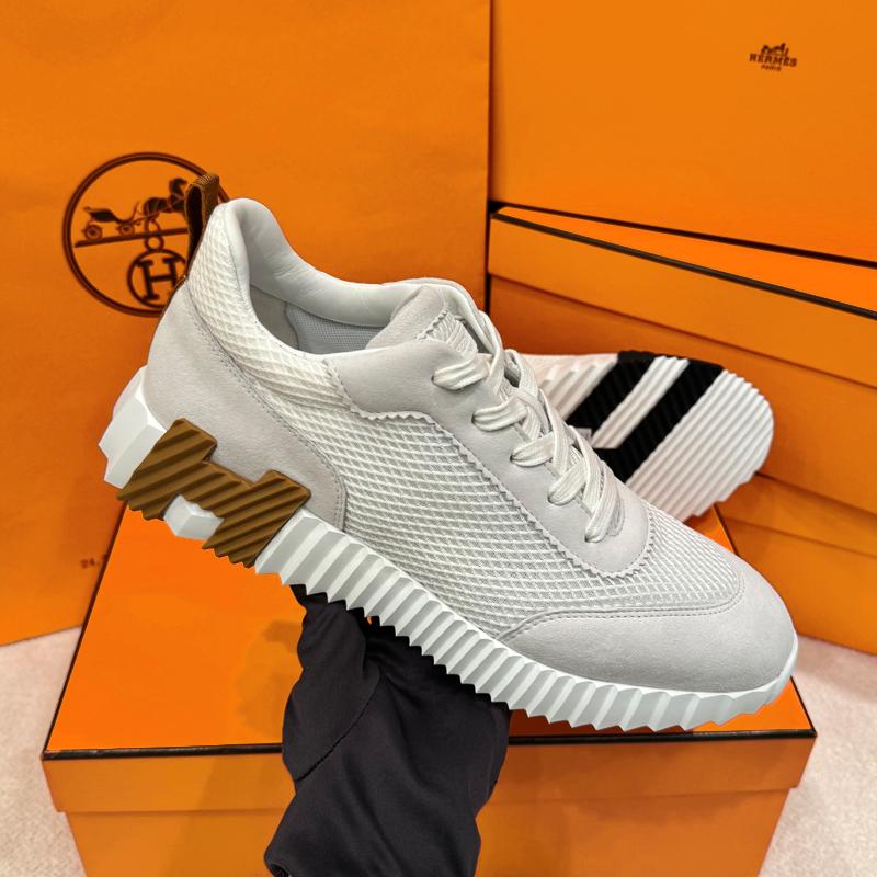 HERMES White Mesh H Brown Black Low Top Sneakers
