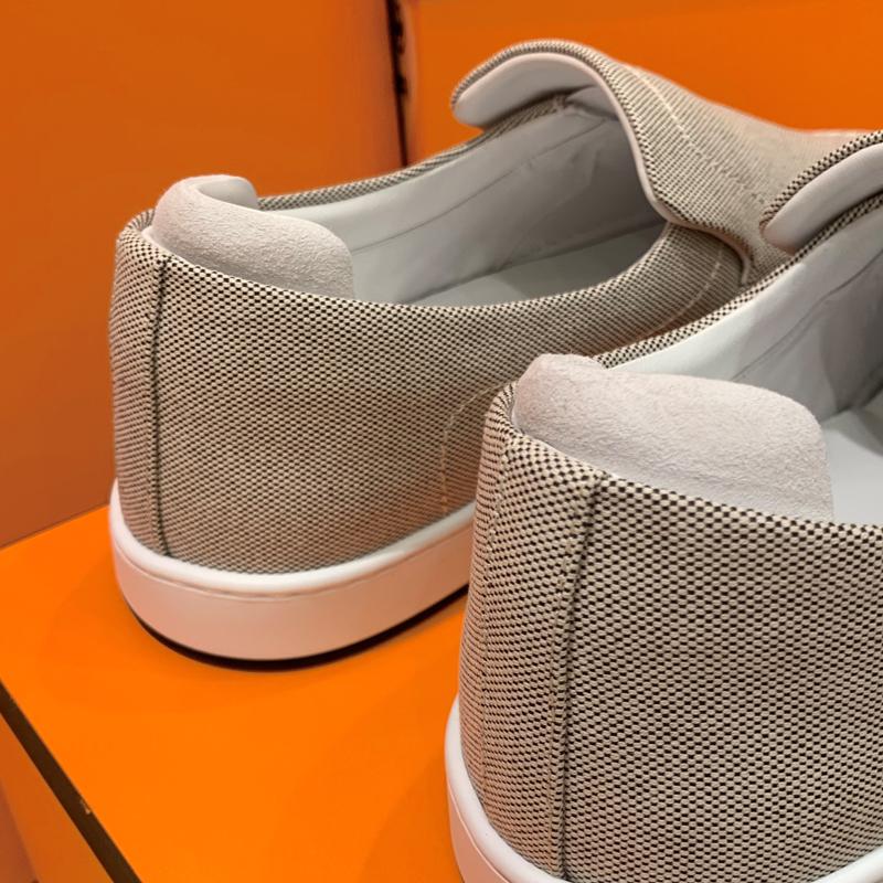 HERMES Beige Canvas Suede Goatskin Kiddy Slip-On Low Top Sneakers