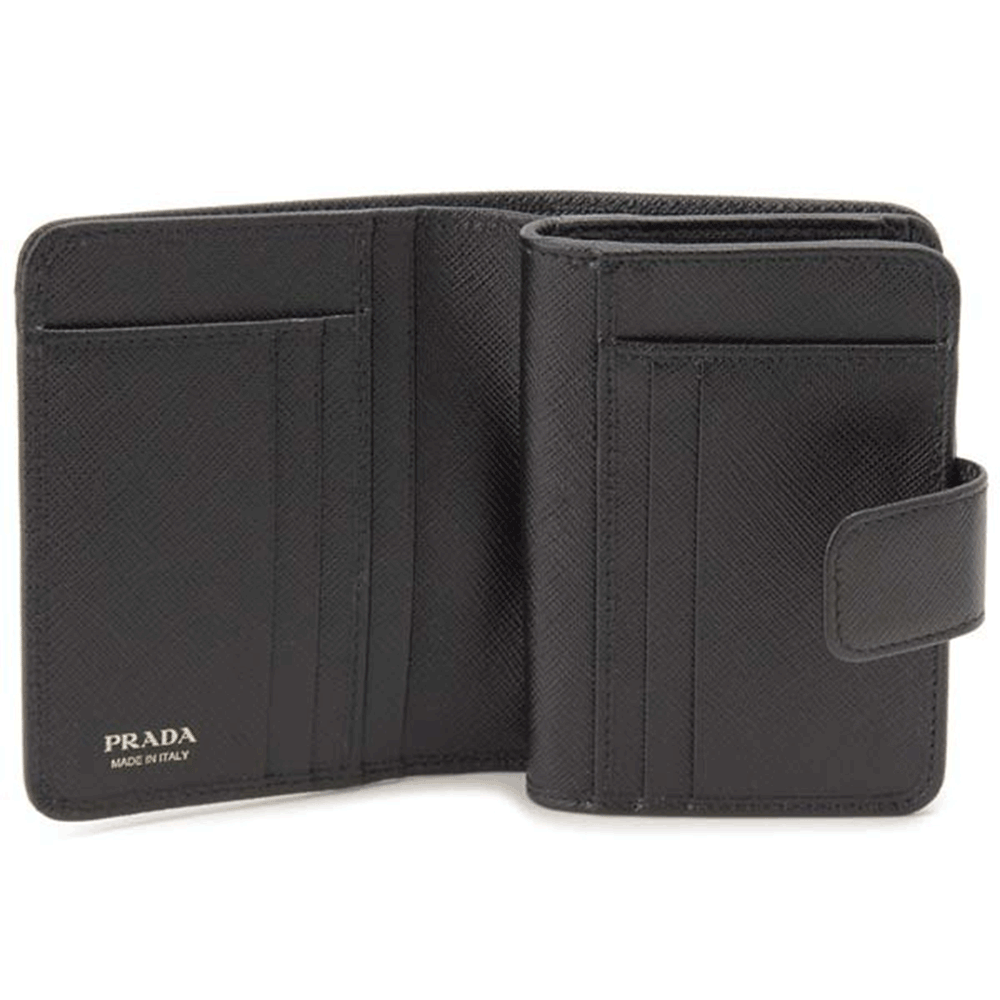 PRADA Metal Logo Black Leather Bifold Wallet for Women