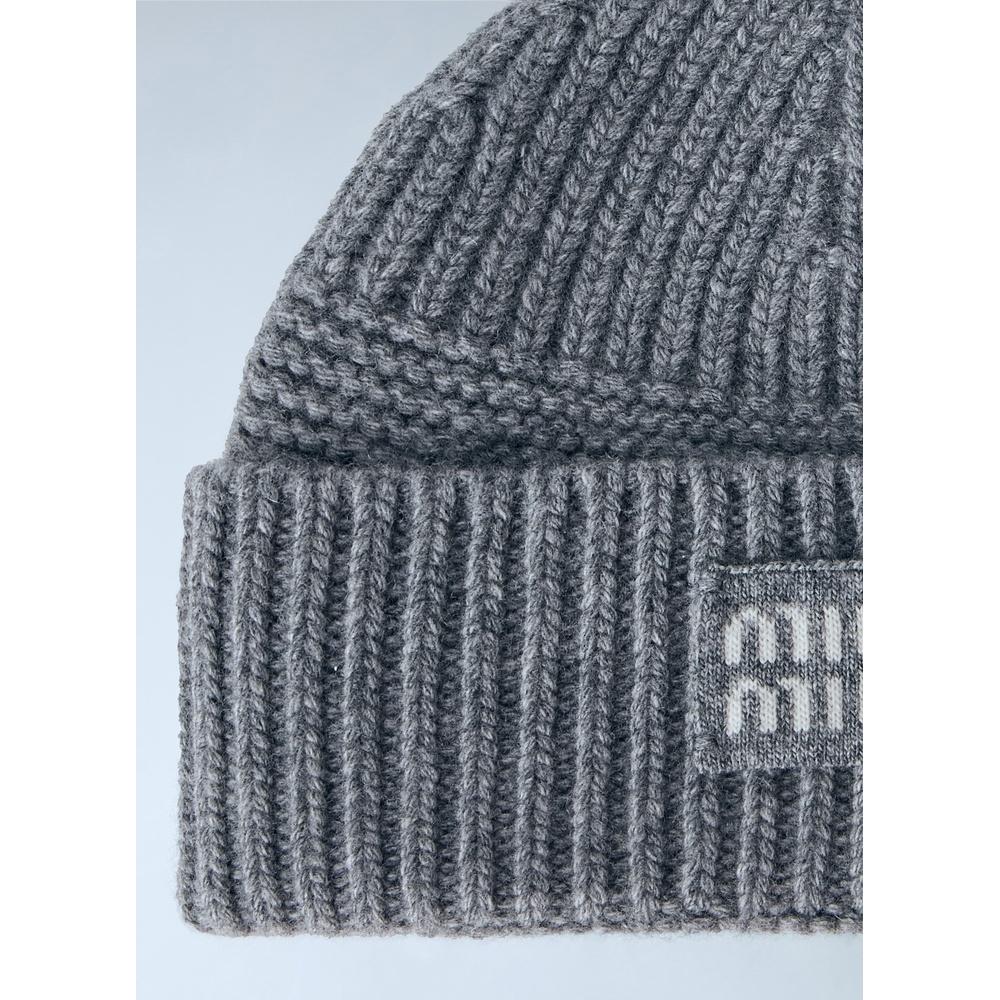 Miu Miu Logo Patch Knit Beanie Hat Black