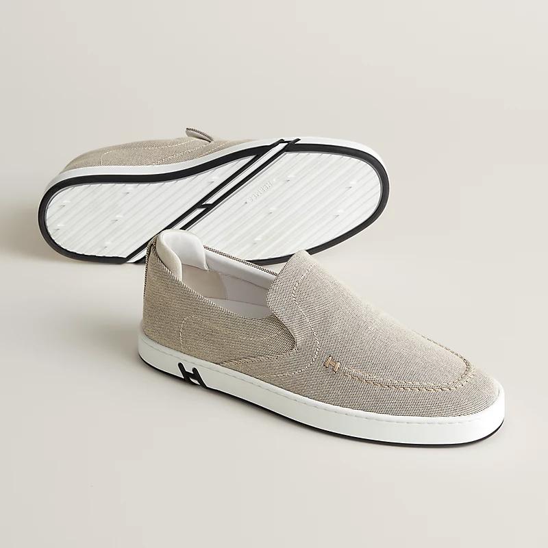 HERMES Beige Canvas Suede Goatskin Kiddy Slip-On Low Top Sneakers