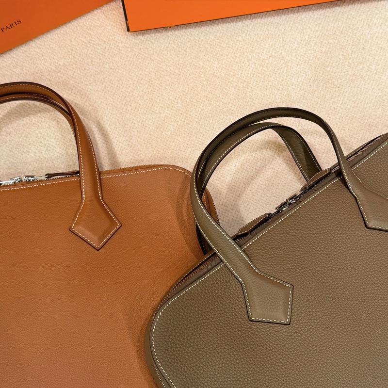 HERMES Etoupe Leather Victoria Light Brief Case Tote Bag Unisex