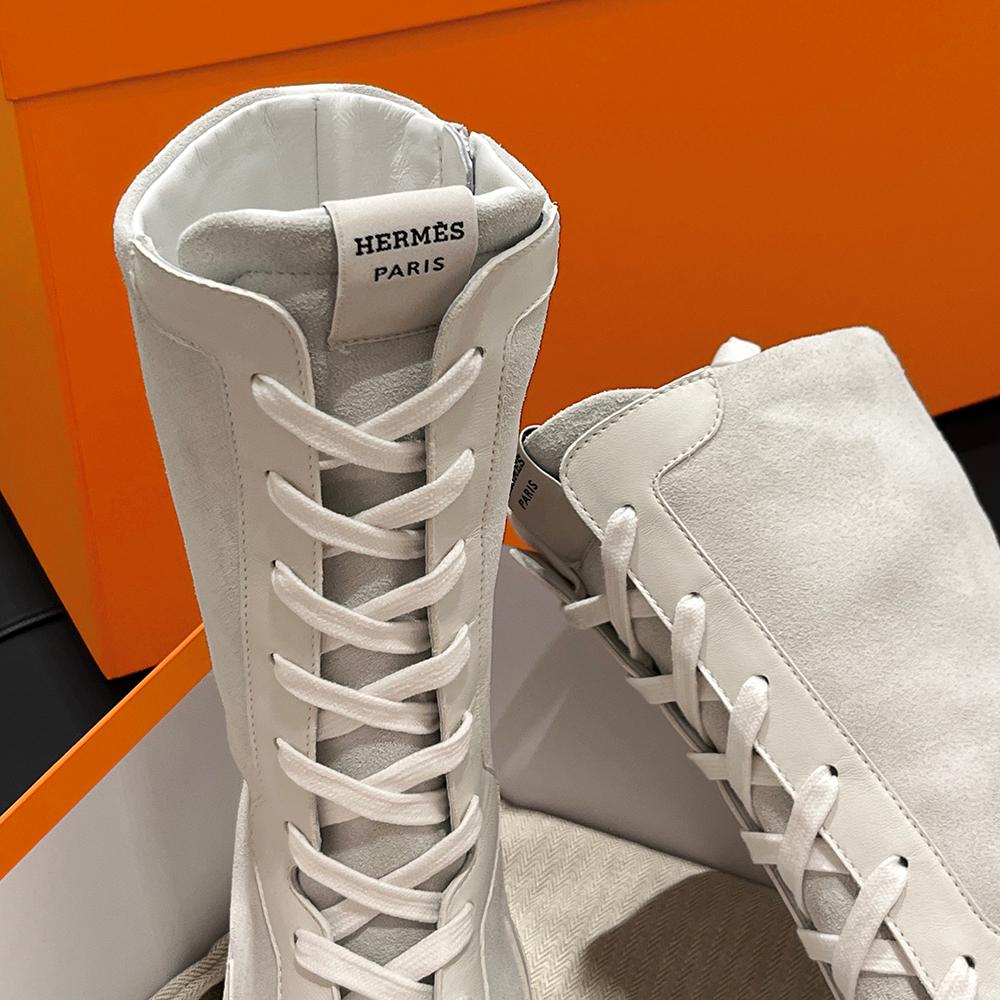 HERMES Suede Calfskin Lace-Up High-Top Sneakers White