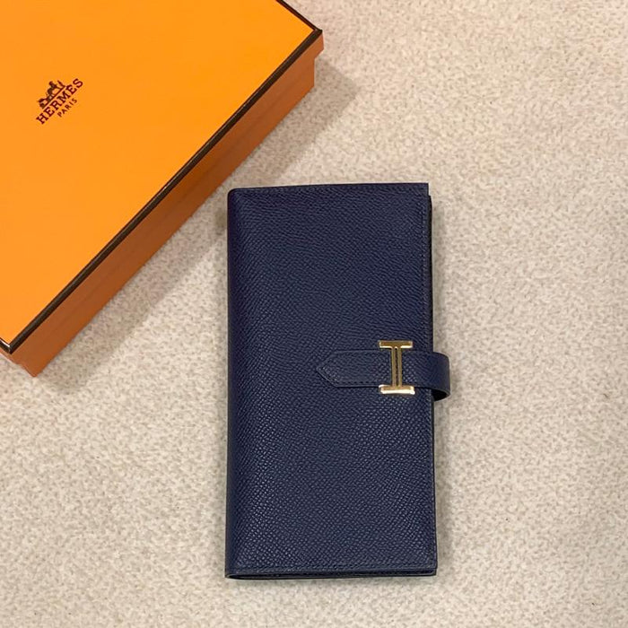 HERMES Blue Epsom Calfskin Béarn Long Wallet Gold Hardware