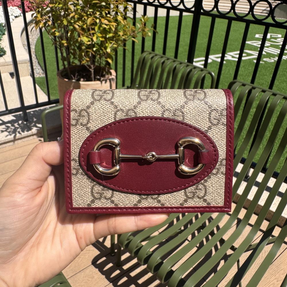 GUCCI Horsebit 1955 Beige Ancora Red Leather Card Case Wallet 621887