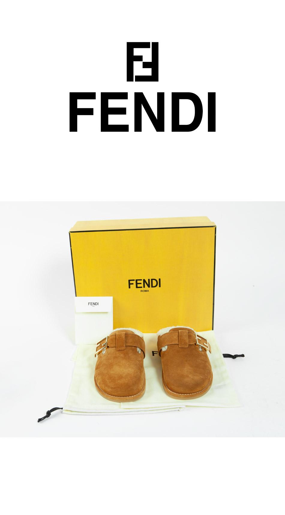 FENDI Buckle Shearling Suede Clog Mules Slippers 8R8448TK6 F1HHV