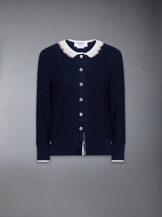 THOM BROWNE Navy Wool Ribbed Cardigan for Women