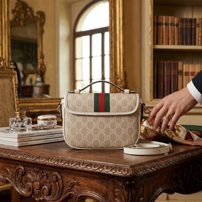 GUCCI Ophidia Small Top Handle Shoulder Bag Ivory Brown Canvas Leather