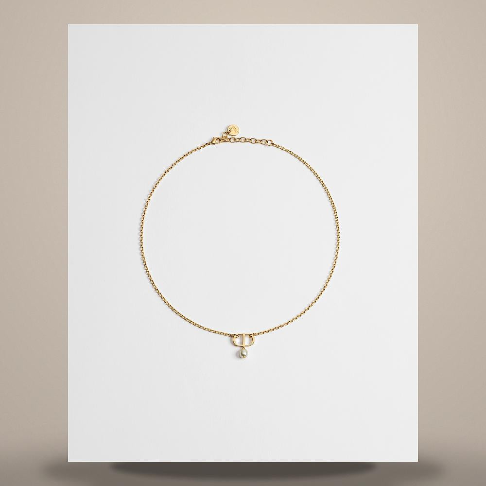 DIOR Petit CD Necklace Gold-Finish Metal with White Resin Pearls