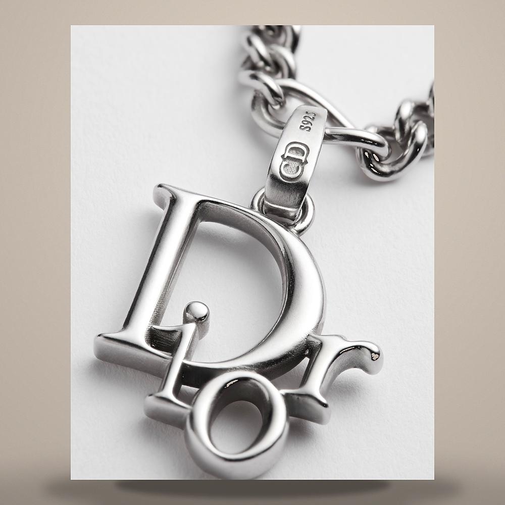 DIOR Silver Chain Link Logo Charm Necklace N3798HOMST D990