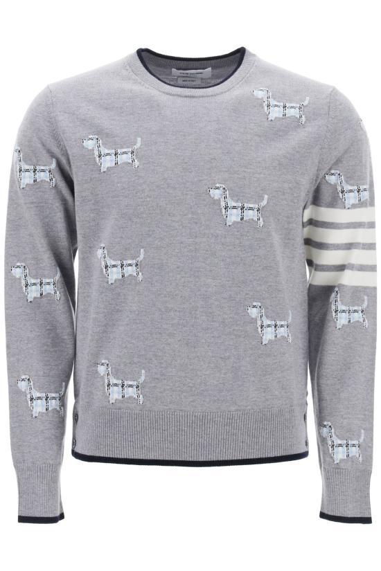 THOM BROWNE Light Gray Wool Round Neck Knit Sweater for Men