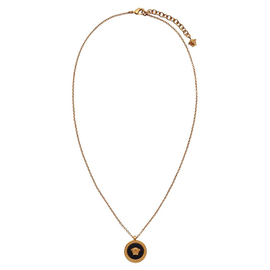 Versace Black Enamel Medusa Gold-Tone Pendant Necklace