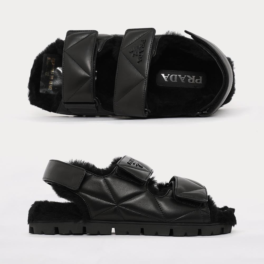 PRADA Triangle Logo Quilted Nappa Fur Women’s Sandals Black