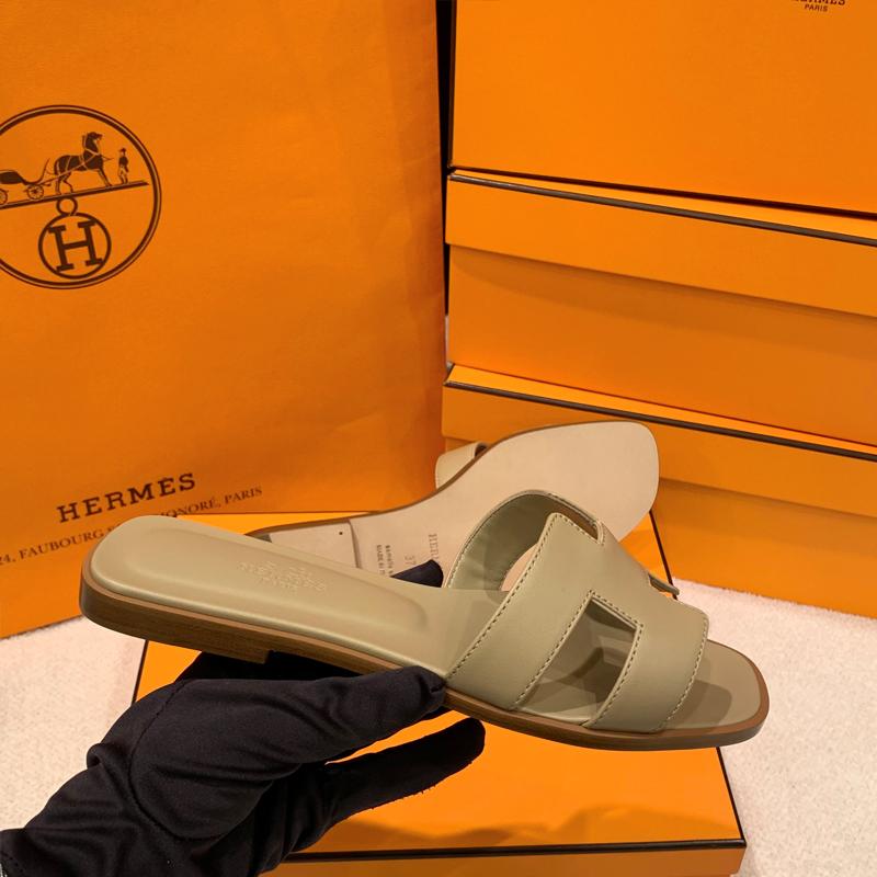 HERMES Oran Sandals Khaki Beige Calfskin Women