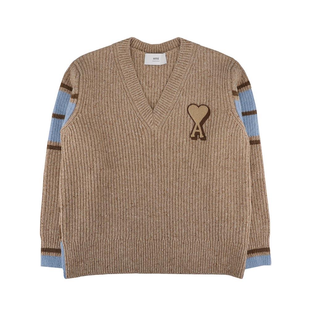 AMI Camel Wool V-Neck College Sweater for Men