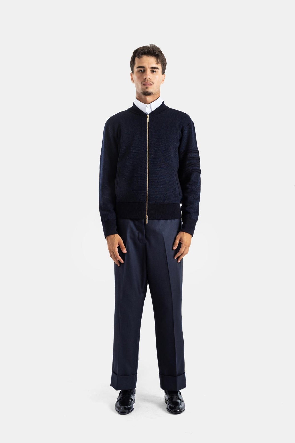 THOM BROWNE Navy Wool Cashmere Zip-Up Cardigan