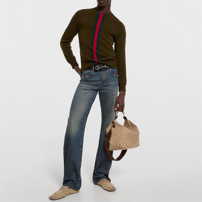 GUCCI Brera Medium Crossbody Bag Beige Canvas Leather Trim