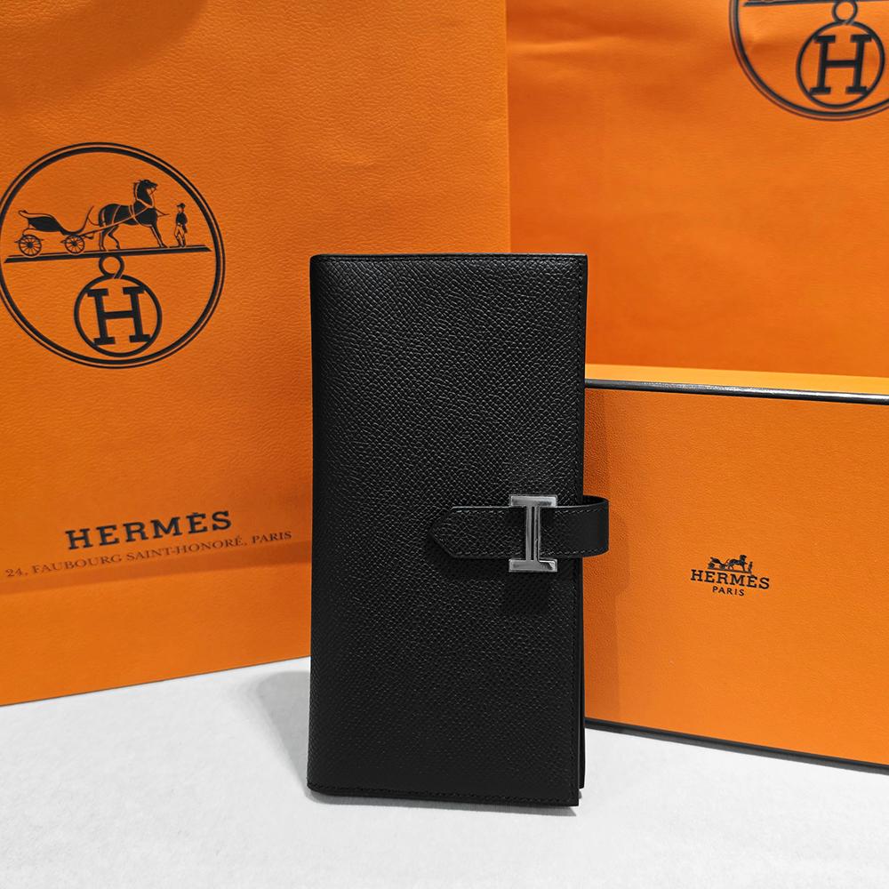 HERMES Epsom Leather Bearn Long Wallet Black Palladium Hardware