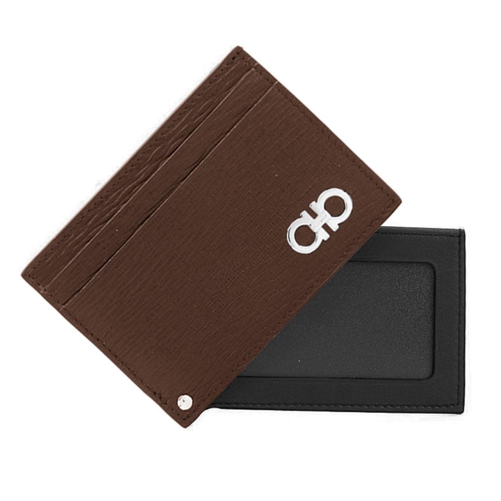 Ferragamo Silver-Tone Double Gancini Leather Card Holder 0753610
