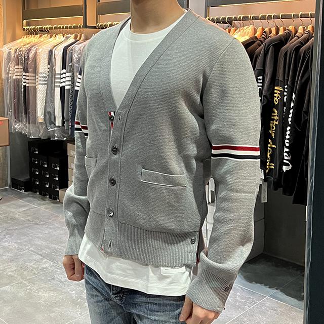 THOM BROWNE Milano Knit Tricolor Armband Cardigan Gray Unisex