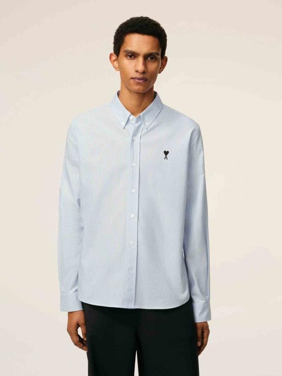 AMI Small Heart Logo Stripe Cotton Oxford Button-Down Shirt HSH763CO0087475