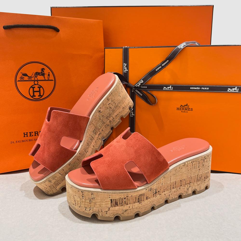 HERMES Rose Red Calfskin Wedge Heel Oran 30 Sandals