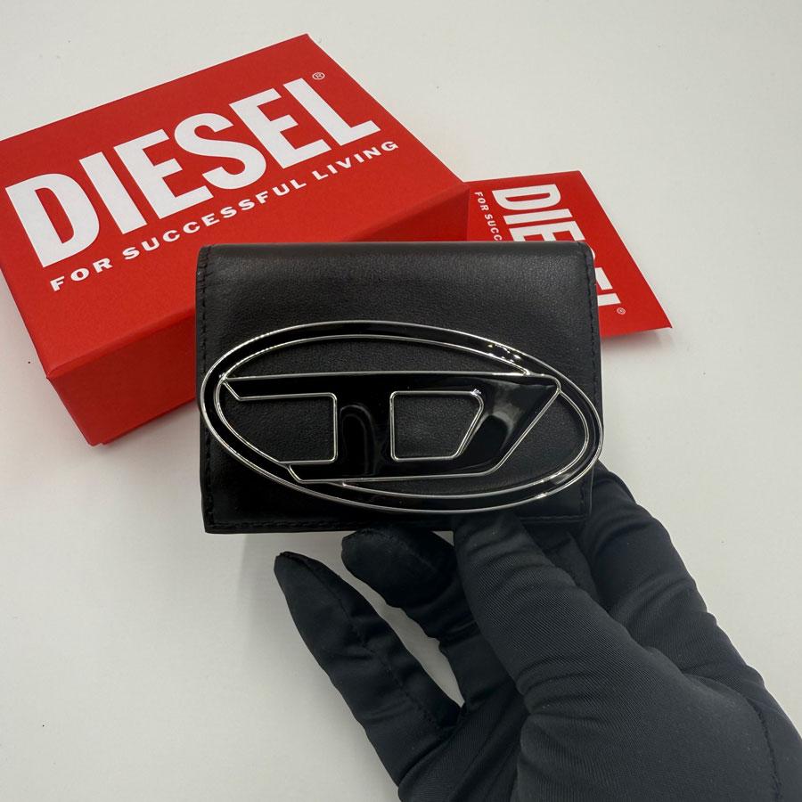 DIESEL 1DR Trifold Coin XS Leather Wallet Black Card Holder