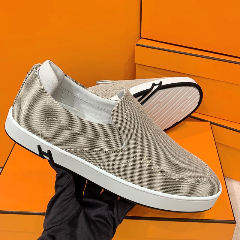 HERMES Beige Canvas Suede Goatskin Kiddy Slip-On Low Top Sneakers
