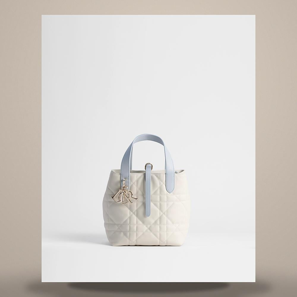 DIOR Two-Tone Latte Ice Blue Macro Cannage Calfskin Vertical Tote M2835OSOB M13E