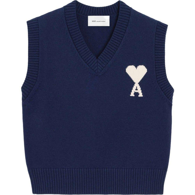 AMI Big Heart Logo Navy Knit Vest Unisex Round Neck