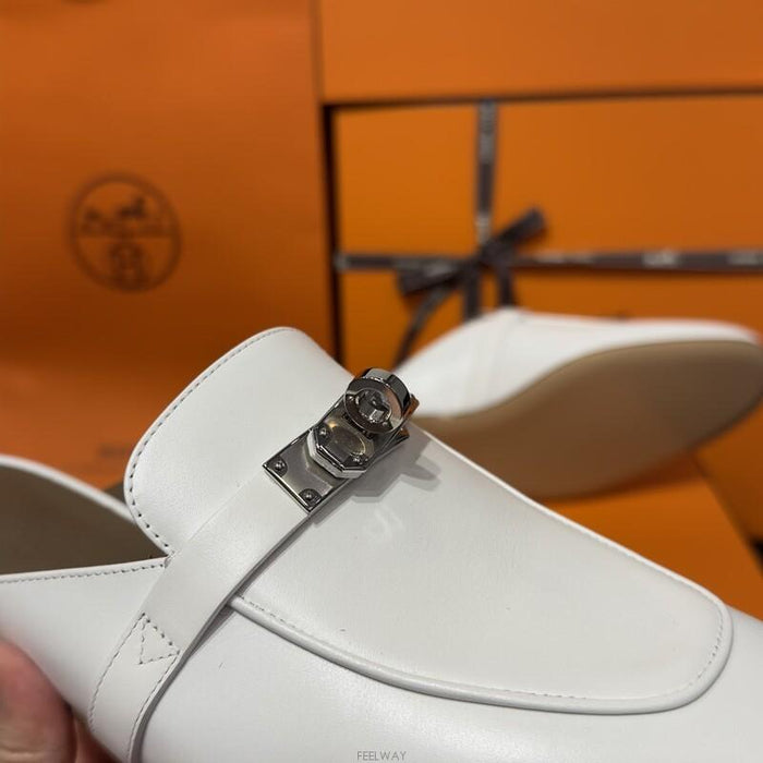 HERMES Oz Kelly Mule Slippers White Silver-Tone Hardware Sandals