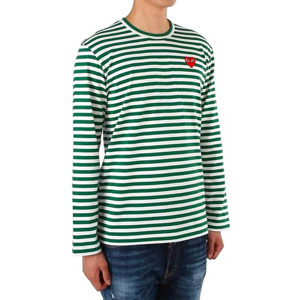 Comme des Garcons Green Stripe Long Sleeve T-Shirt Red Heart Unisex