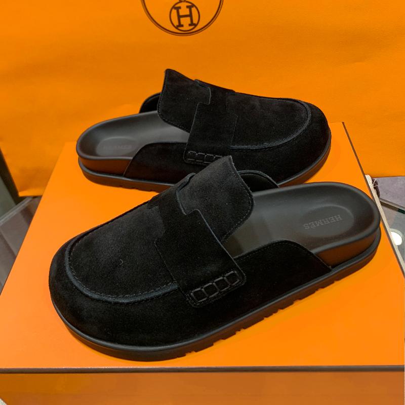 HERMES Men’s Go Mule Suede Calfskin Black Slippers