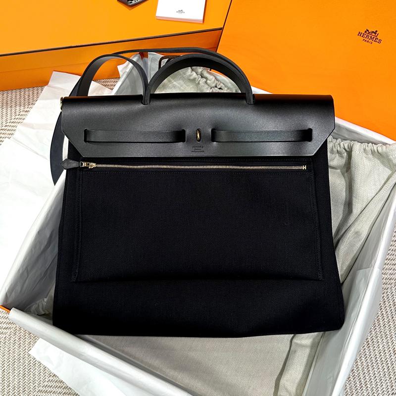 HERMES Black Canvas Herbag 39 Shoulder Tote Bag Gold Hardware
