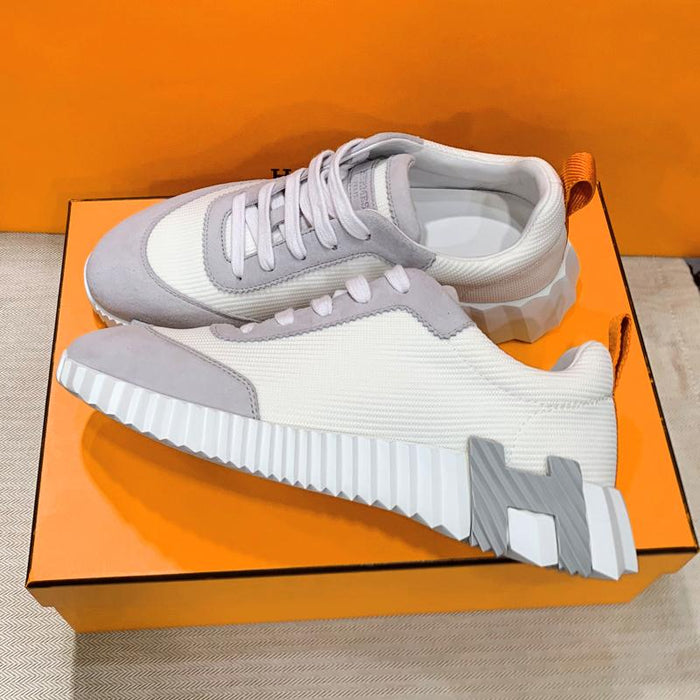 HERMES Bouncing Suede White H Gray Orange Heel Lock Low-Top Sneakers