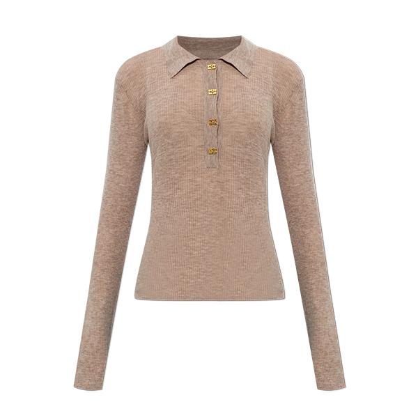 GANNI Sheer Wool Ribbed Polo Sweater A1070281 883