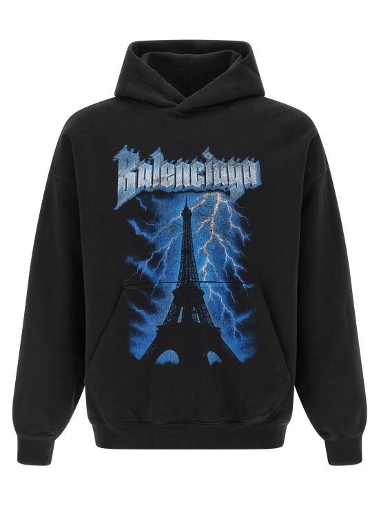BALENCIAGA Black Paris Thunderstorm Hoodie Top