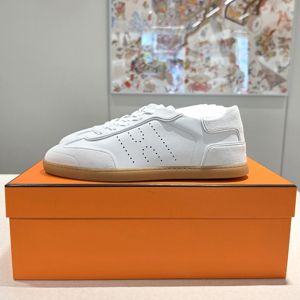 HERMES Men’s Match Sneakers White Canvas Leather Low-Top