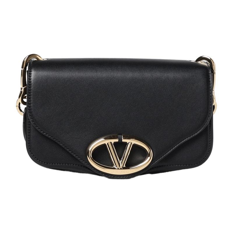 VALENTINO Logo Shoulder Bag Black Leather