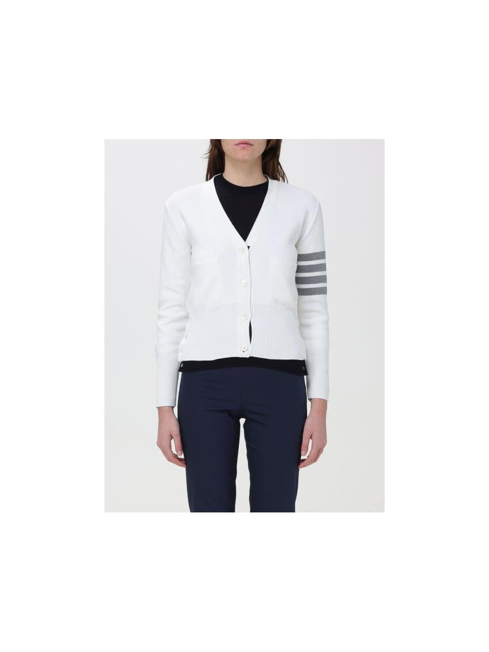 THOM BROWNE Women's Cotton 4-Bar Milano Knit Classic V-Neck Cardigan