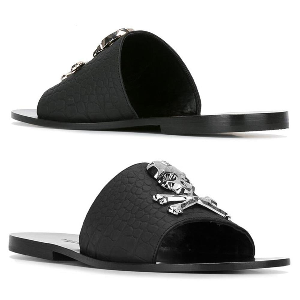 Philipp Plein Rance Skull Nickel Black Slides Sandals for Men