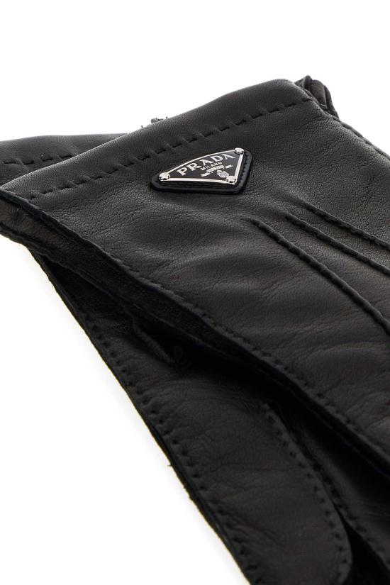 PRADA Nappa Leather Gloves with Enamel Triangle Logo Black