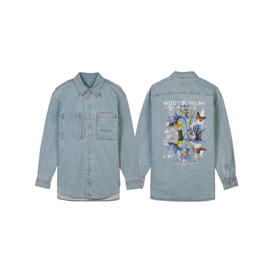 WOOYOUNGMI Men’s Denim Shirt Flower Back Logo Long Sleeve