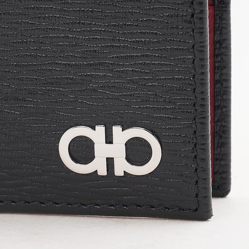 Ferragamo Gancini Bifold Wallet Black Red Leather Men's