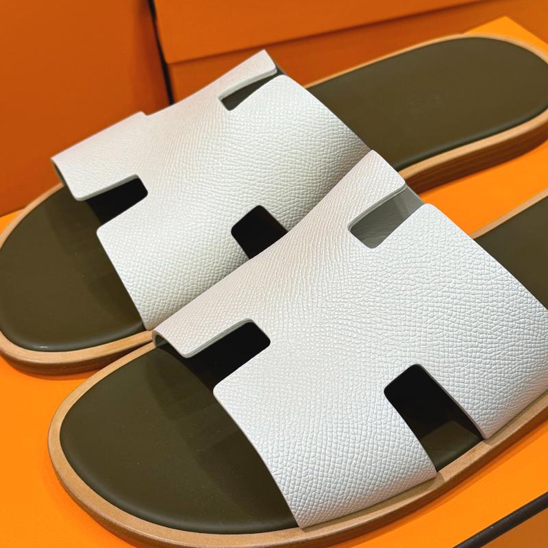 HERMES Izmir Sandals Epsom Calfskin Khaki Beige Men's Slippers