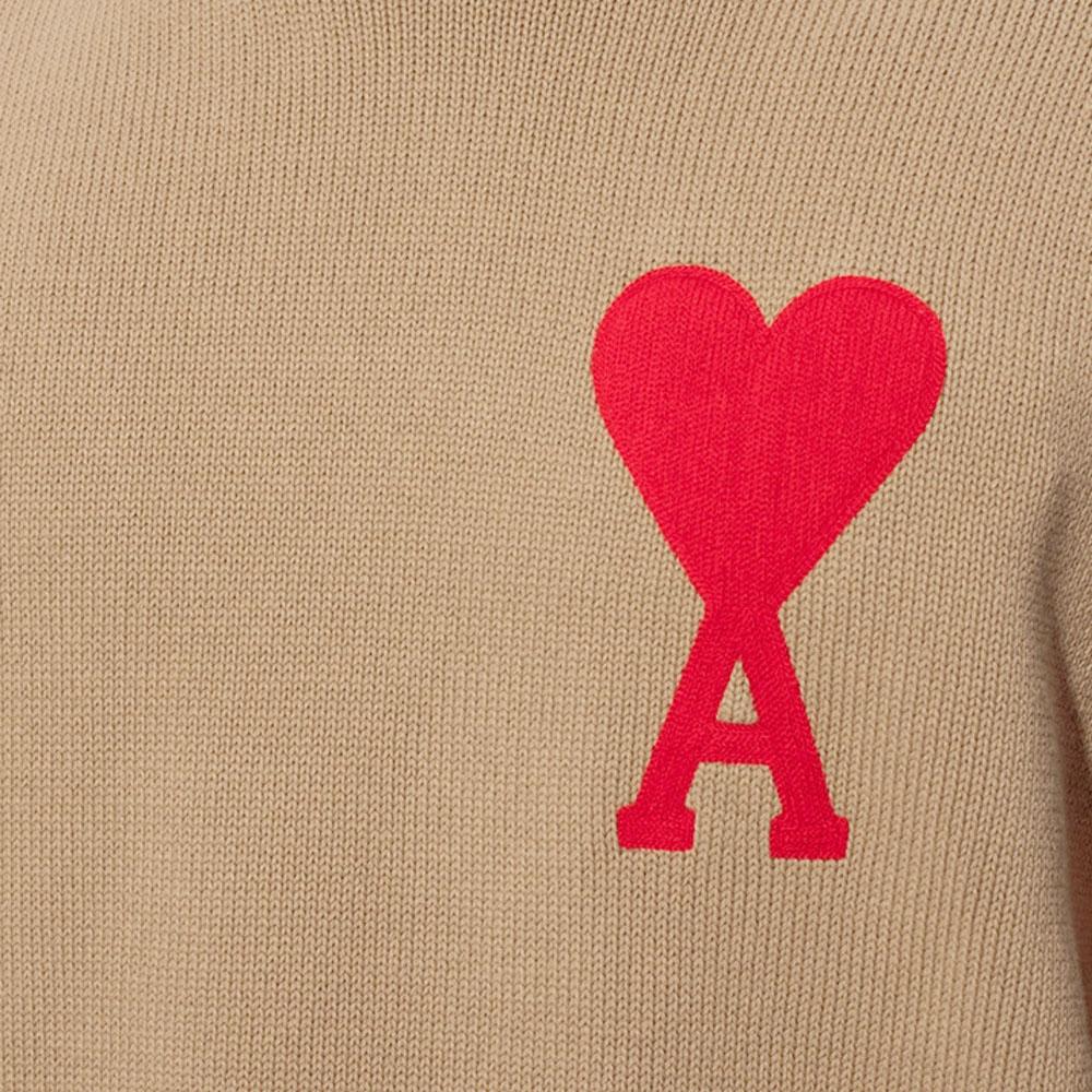 AMI Beige Big Heart Logo Embroidered Crewneck Knit Sweater Men