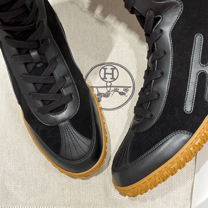 HERMES Black Suede Calfskin Lace-Up High-Top Sneakers